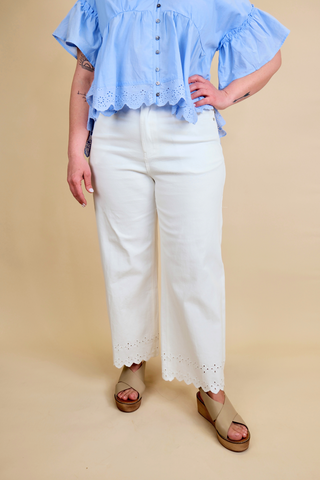Embroidered Hem White Pants