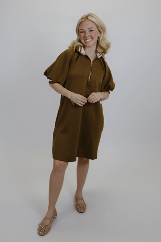 Luxe Zip-Up Puff Sleeve Dress
