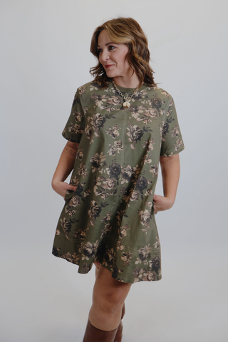 Rustic Bloom Contrast Stitch Mini Dress