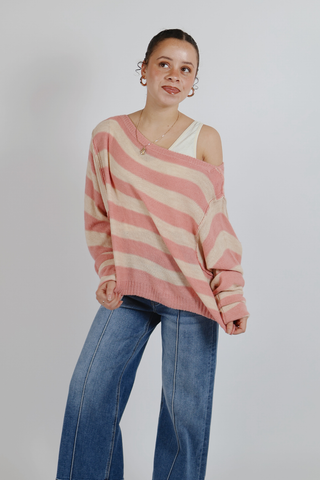Blush Breeze Striped Boat Neck Sweater