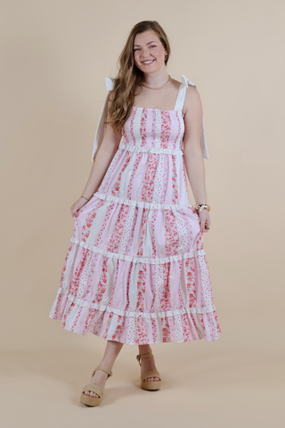 Cotton Poplin Multi Floral Printed Tie Shoulder Maxi