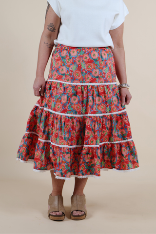 Poppy Fields Lace Trim Midi Skirt