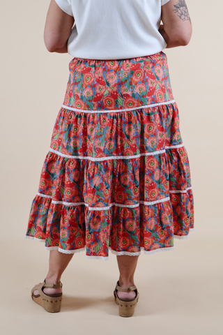Poppy Fields Lace Trim Midi Skirt