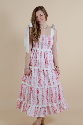 Cotton Poplin Multi Floral Printed Tie Shoulder Maxi