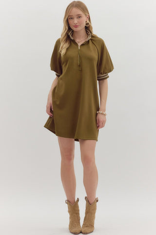 Luxe Zip-Up Puff Sleeve Dress