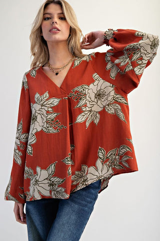 Autumn Bloom V-Neck Blouse
