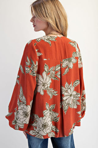 Autumn Bloom V-Neck Blouse