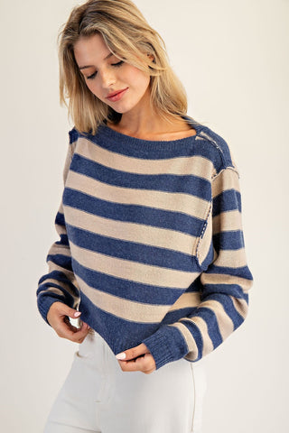 Striped Boat Neck Cropped Sweater