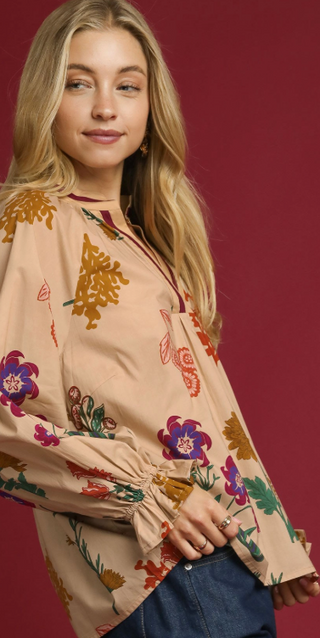 Wild Bloom Contrast Trim Top