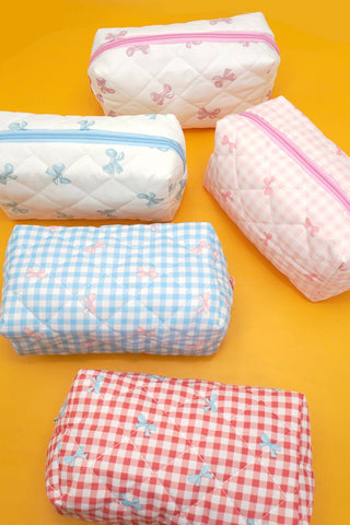 QUILTED CHECKER BOW COSMETIC BAG