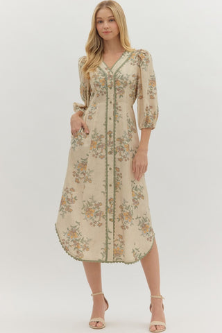 Sage Bloom Button-Front Midi Dress