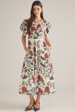Dahlia Garden Puff Sleeve Midi Dress