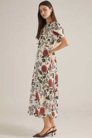 Dahlia Garden Puff Sleeve Midi Dress