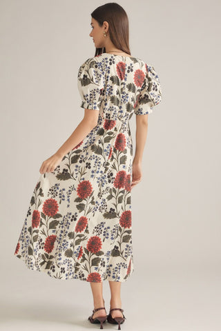 Dahlia Garden Puff Sleeve Midi Dress
