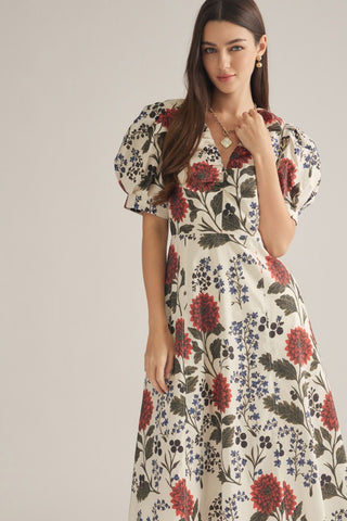 Dahlia Garden Puff Sleeve Midi Dress