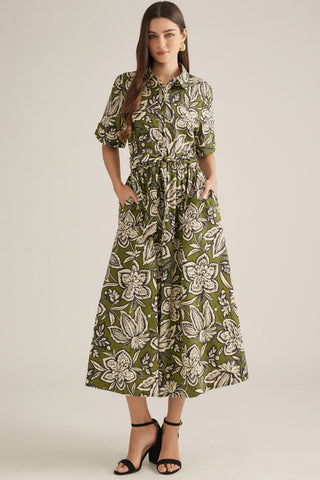 Woodblock Bloom Belted Shirt Dress
