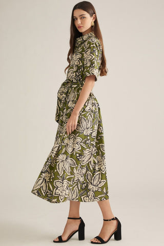 Woodblock Bloom Belted Shirt Dress