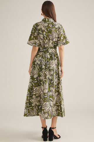 Woodblock Bloom Belted Shirt Dress