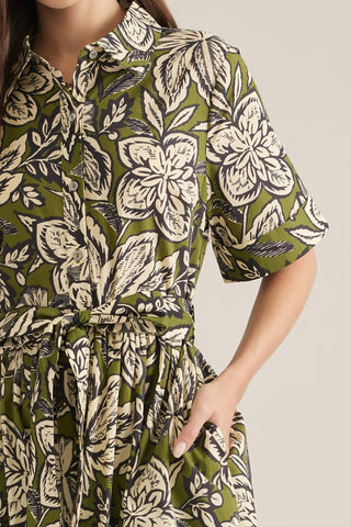 Woodblock Bloom Belted Shirt Dress