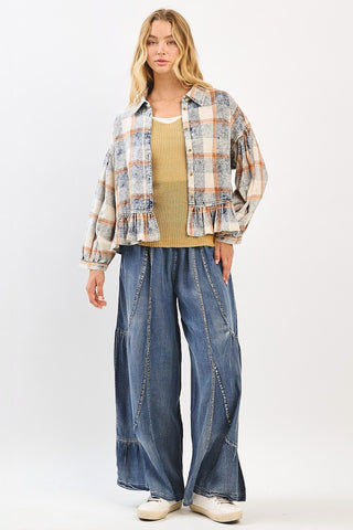 Sagebrush Ruffle Plaid Peplum Top