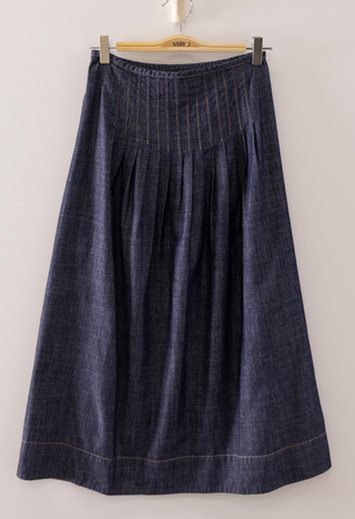 Pleated Front Washed Denim Midi Skirt