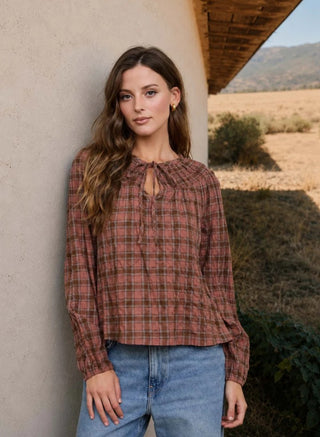 Autumn Plaid Tie Neck Top