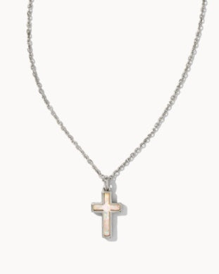 Cross Pendant Necklace Rhodium White Opal